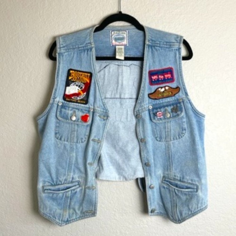 VTG Women's Denim Biker Vest Patches Pins Circa 1990's-2000's